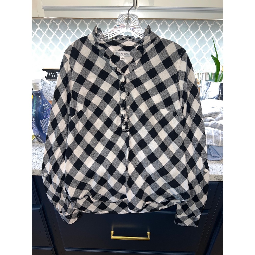 Kim Rogers Buffalo Plaid Ruffle Neck Button Front Cotton Blouse Black White